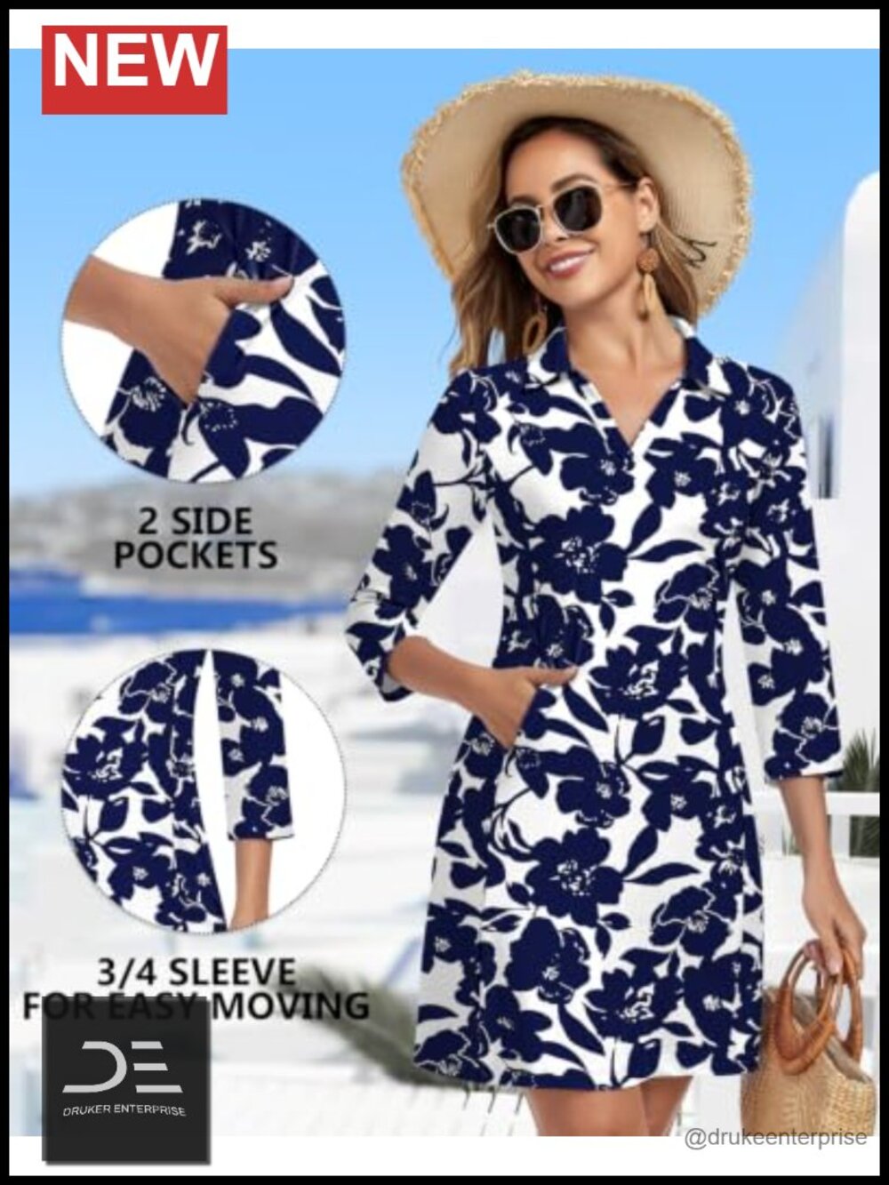WOWENY 3/4 Sleeve V Neck Sun Dress with Pockets Quick Dry UPF 50+ - Picture 3 of 5